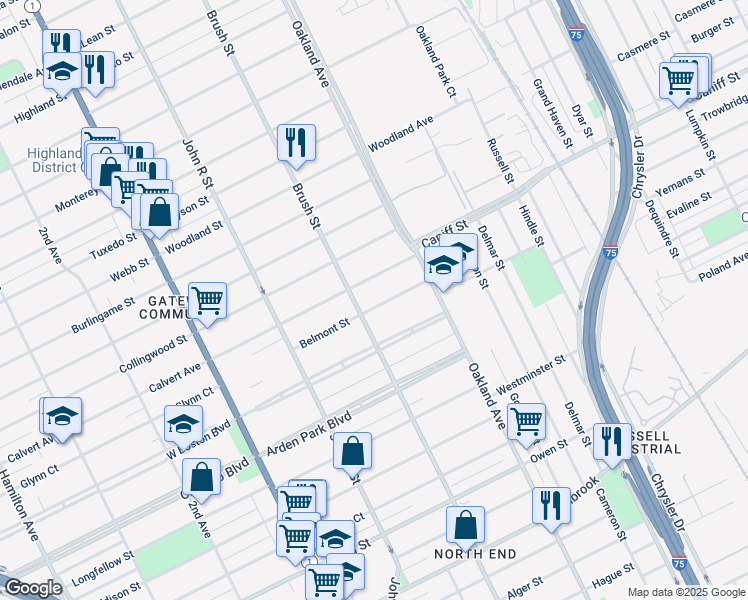 map of restaurants, bars, coffee shops, grocery stores, and more near 531 Belmont Street in Detroit