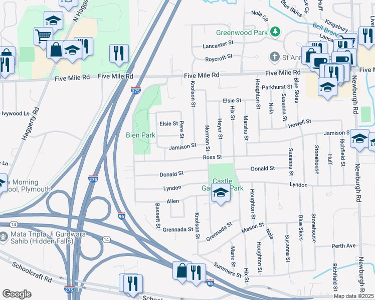map of restaurants, bars, coffee shops, grocery stores, and more near 38919 Jamison Street in Livonia
