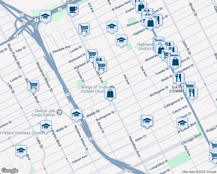 map of restaurants, bars, coffee shops, grocery stores, and more near 262 Elmhurst Street in Highland Park