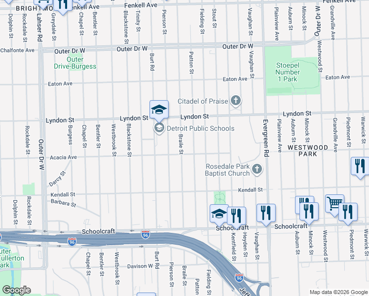 map of restaurants, bars, coffee shops, grocery stores, and more near 14330 Braile Street in Detroit