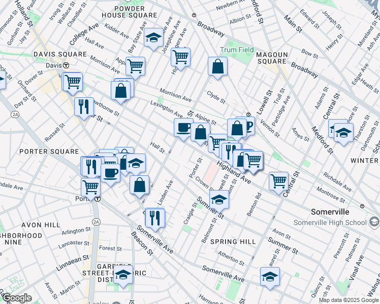 map of restaurants, bars, coffee shops, grocery stores, and more near 270 Highland Avenue in Somerville