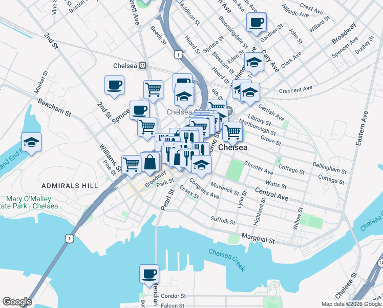 map of restaurants, bars, coffee shops, grocery stores, and more near 302 Broadway in Chelsea