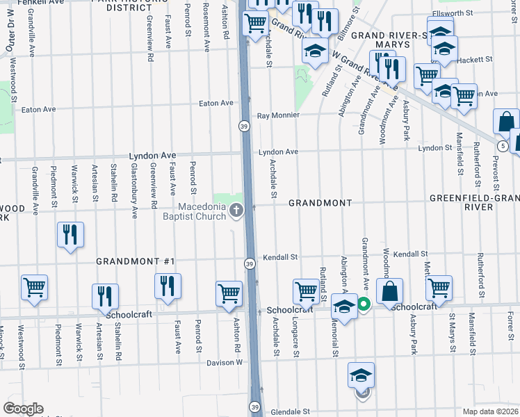 map of restaurants, bars, coffee shops, grocery stores, and more near 14256 Southfield Freeway in Detroit