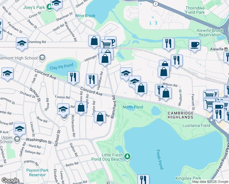 map of restaurants, bars, coffee shops, grocery stores, and more near 17-19 Griswold Street in Cambridge