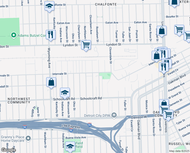 map of restaurants, bars, coffee shops, grocery stores, and more near 8203 Intervale Street in Detroit