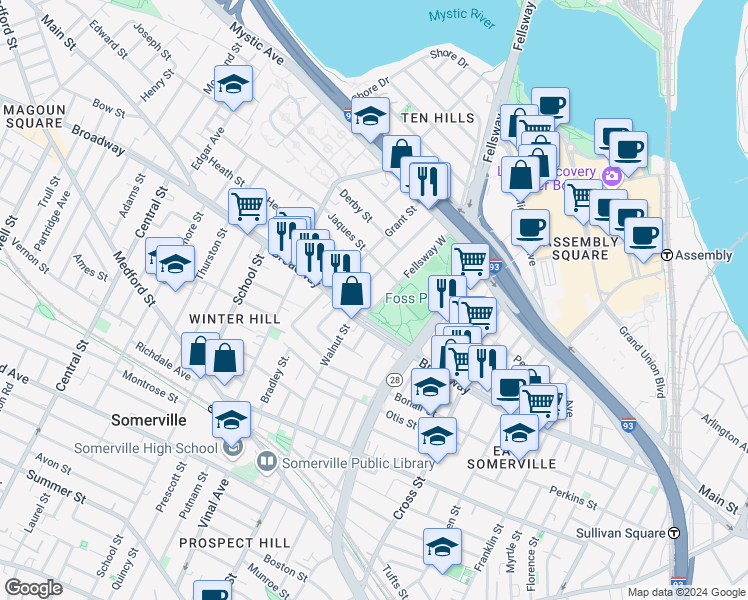 map of restaurants, bars, coffee shops, grocery stores, and more near 18 Fellsway West in Somerville
