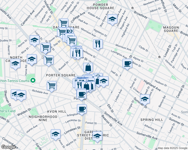 map of restaurants, bars, coffee shops, grocery stores, and more near 16 Banks Street in Somerville