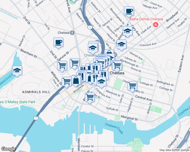 map of restaurants, bars, coffee shops, grocery stores, and more near 318 Broadway in Chelsea