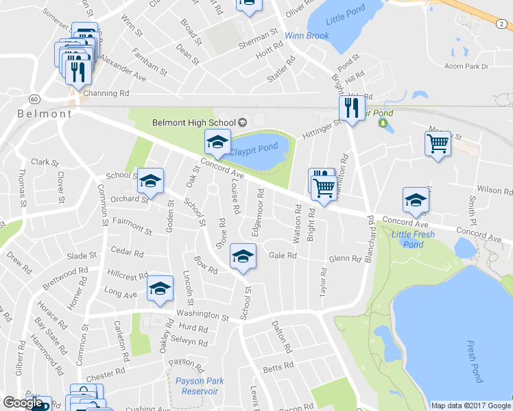 map of restaurants, bars, coffee shops, grocery stores, and more near 27 Edgemoor Road in Belmont