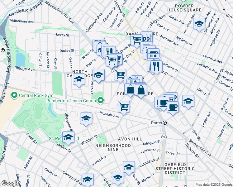 map of restaurants, bars, coffee shops, grocery stores, and more near 35 Pemberton Street in Cambridge