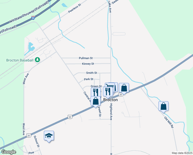 map of restaurants, bars, coffee shops, grocery stores, and more near 32 Fay Street in Brocton