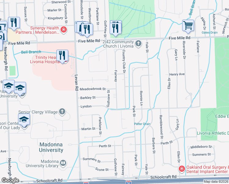 map of restaurants, bars, coffee shops, grocery stores, and more near 14664 Fairway Street in Livonia