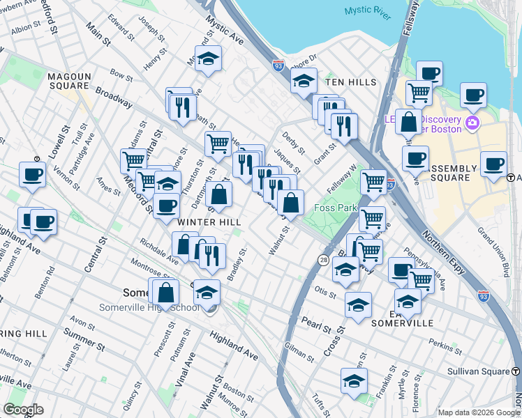 map of restaurants, bars, coffee shops, grocery stores, and more near 5 Sargent Avenue in Somerville