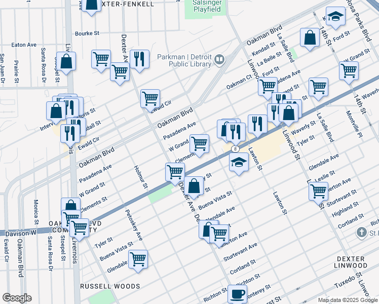 map of restaurants, bars, coffee shops, grocery stores, and more near 3300 Clements Street in Detroit