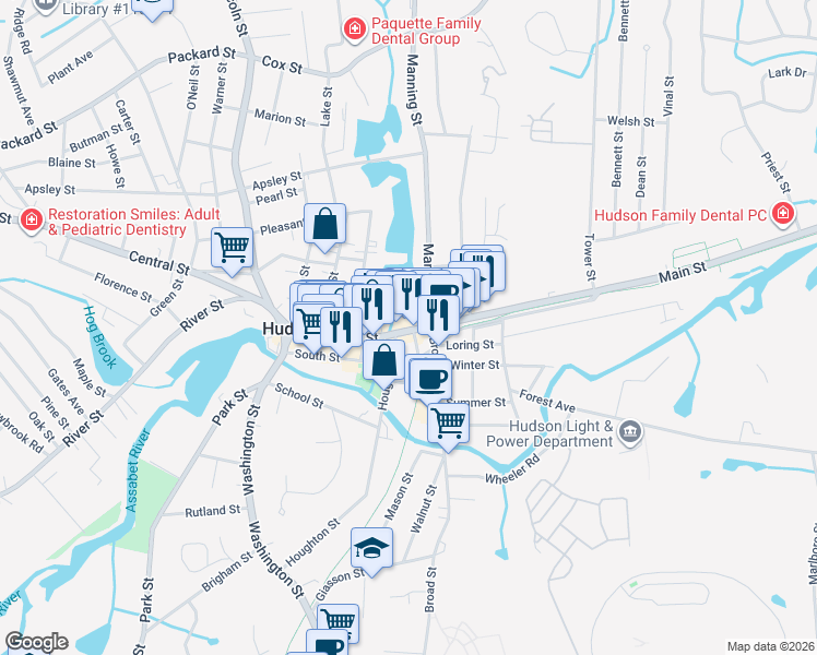 map of restaurants, bars, coffee shops, grocery stores, and more near 158 Massachusetts 62 in Hudson