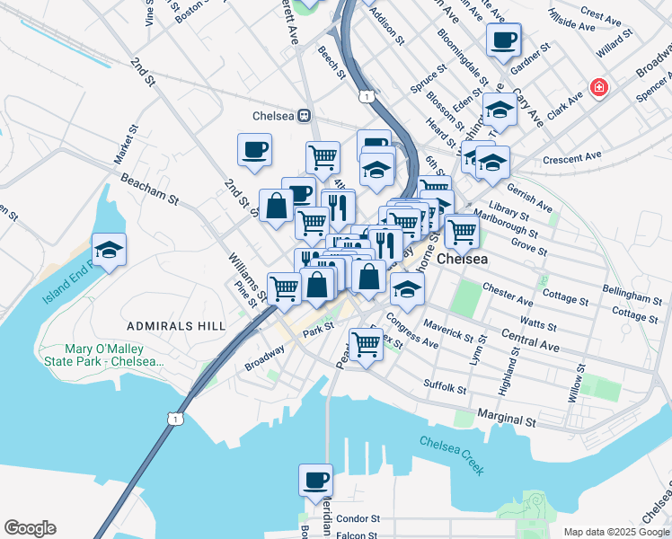 map of restaurants, bars, coffee shops, grocery stores, and more near 7 Everett Avenue in Chelsea