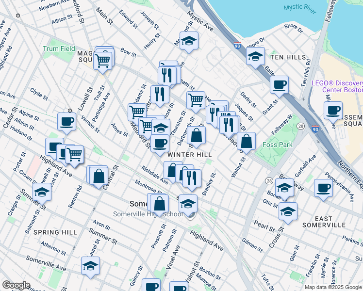 map of restaurants, bars, coffee shops, grocery stores, and more near 30 Dartmouth Street in Somerville