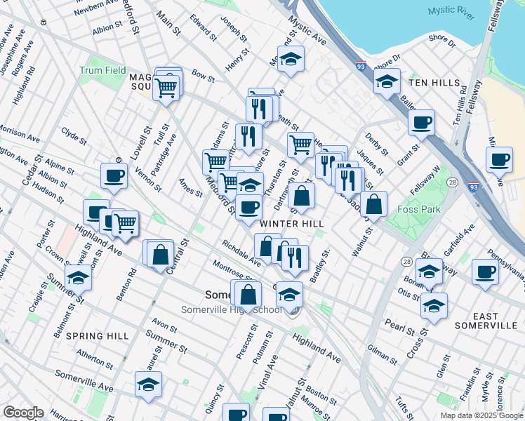 map of restaurants, bars, coffee shops, grocery stores, and more near 30 Dartmouth Street in Somerville
