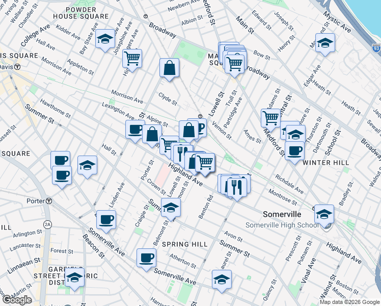 map of restaurants, bars, coffee shops, grocery stores, and more near 98 Albion Street in Somerville