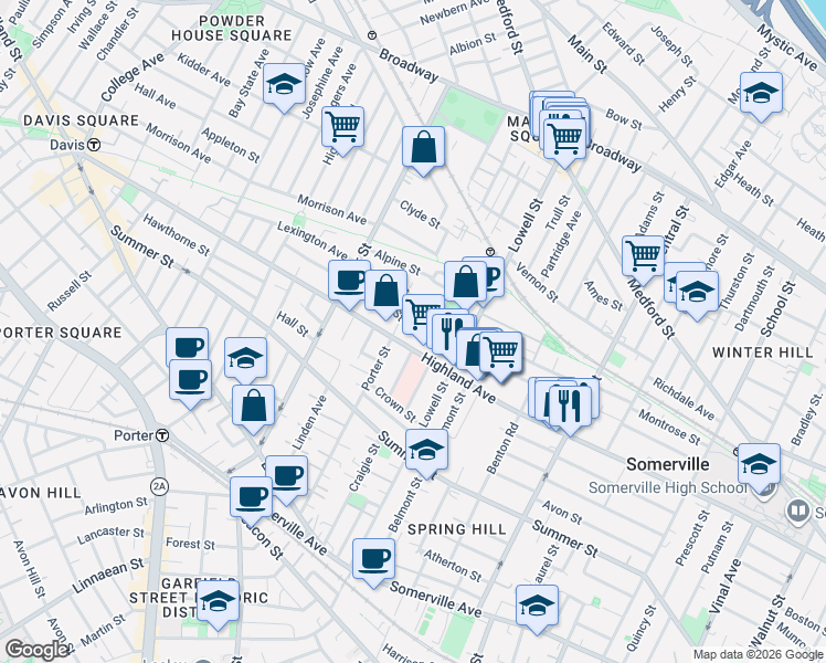 map of restaurants, bars, coffee shops, grocery stores, and more near 121 Hudson Street in Somerville