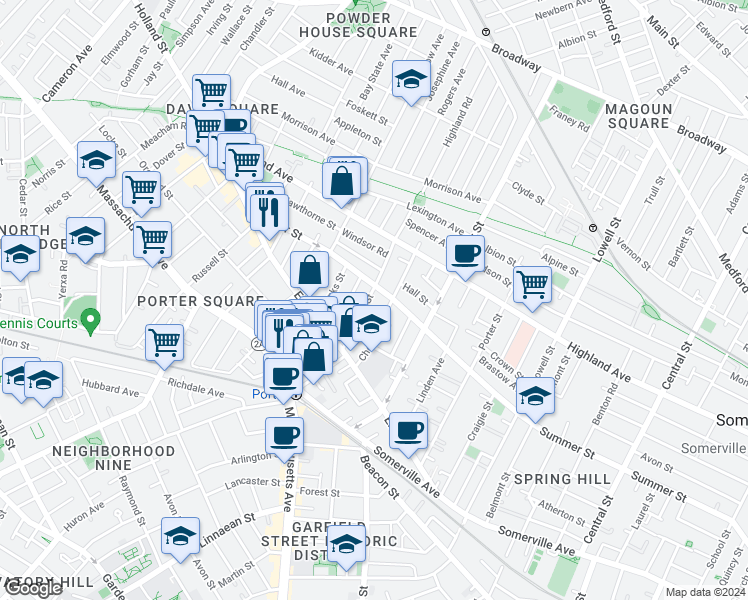 map of restaurants, bars, coffee shops, grocery stores, and more near 41 Burnside Avenue in Somerville
