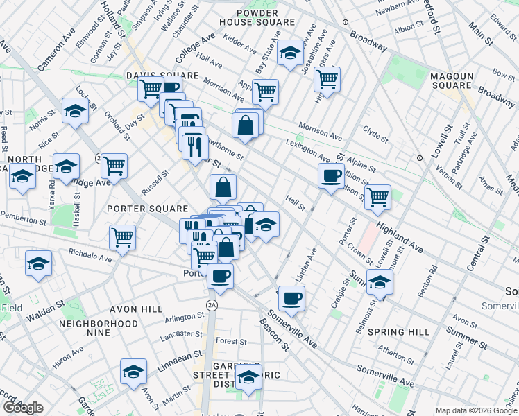 map of restaurants, bars, coffee shops, grocery stores, and more near 41 Burnside Avenue in Somerville