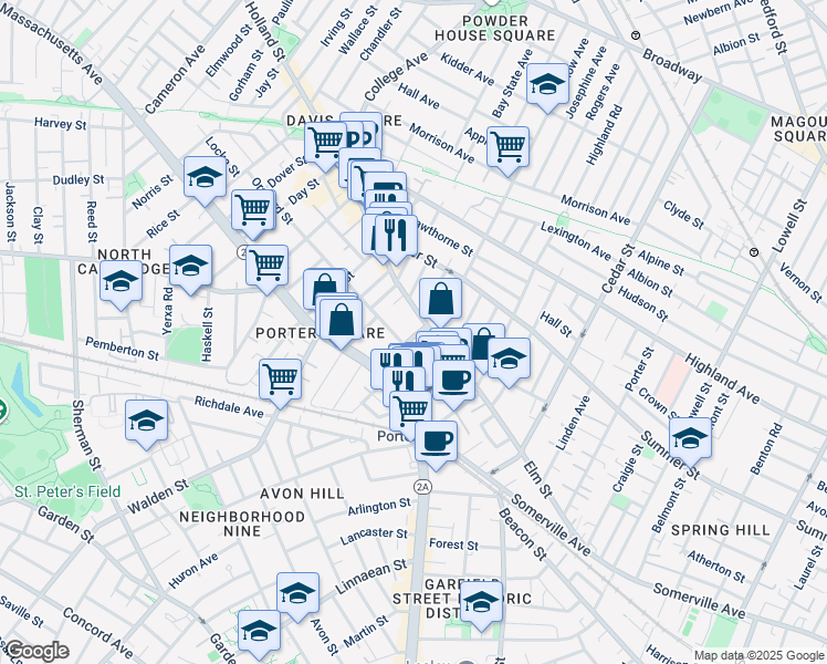 map of restaurants, bars, coffee shops, grocery stores, and more near 25 Beech Street in Cambridge