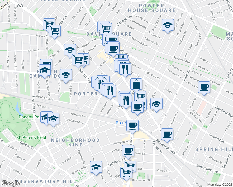 map of restaurants, bars, coffee shops, grocery stores, and more near 48 Orchard Street in Cambridge