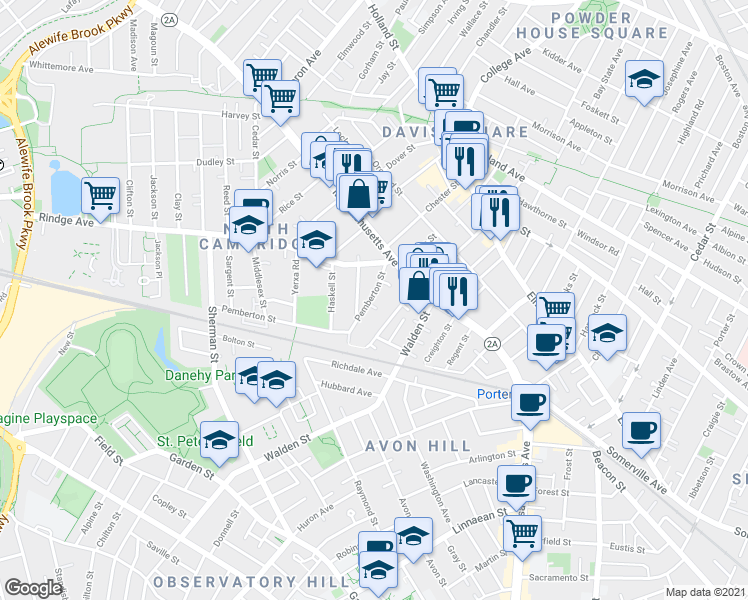 map of restaurants, bars, coffee shops, grocery stores, and more near 35 Pemberton Street in Cambridge