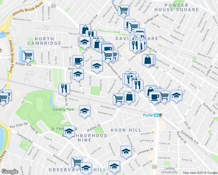map of restaurants, bars, coffee shops, grocery stores, and more near 34 Fairfield Street in Cambridge