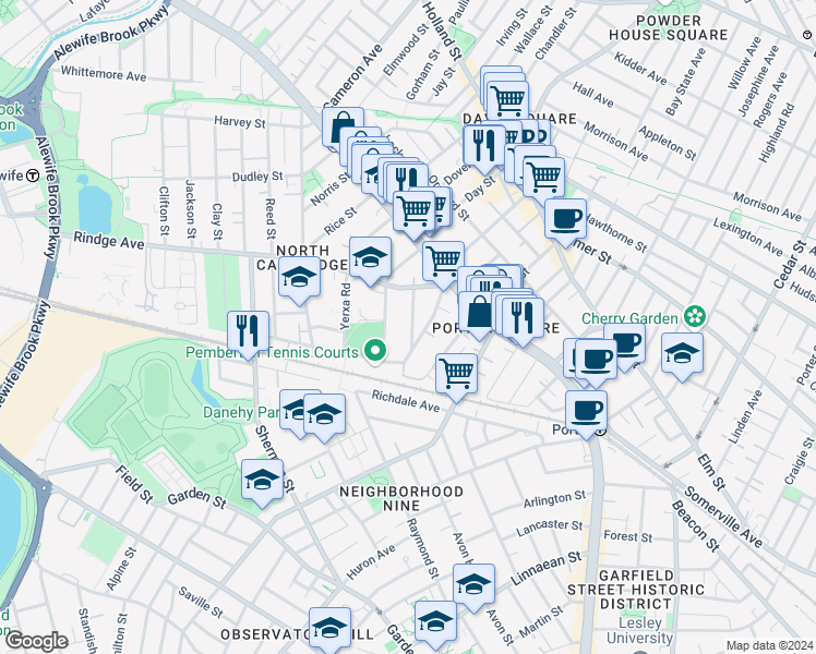 map of restaurants, bars, coffee shops, grocery stores, and more near 34 Fairfield Street in Cambridge