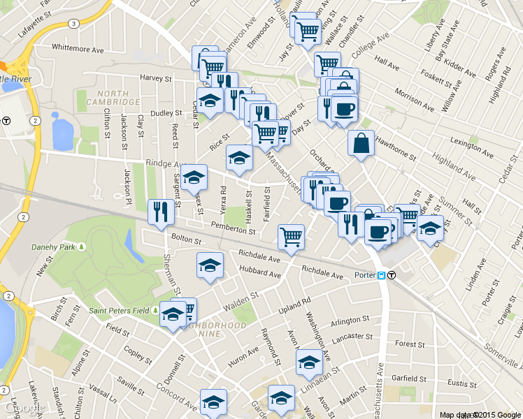 map of restaurants, bars, coffee shops, grocery stores, and more near 34 Fairfield Street in Cambridge