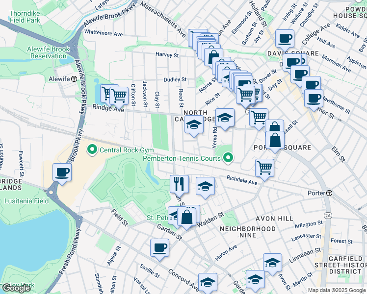 map of restaurants, bars, coffee shops, grocery stores, and more near 16 Notre Dame Avenue in Cambridge