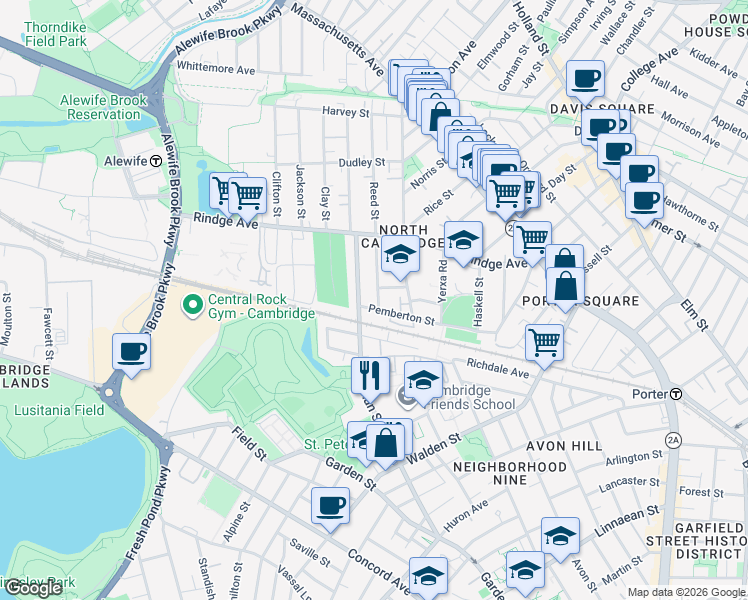 map of restaurants, bars, coffee shops, grocery stores, and more near 16 Notre Dame Avenue in Cambridge