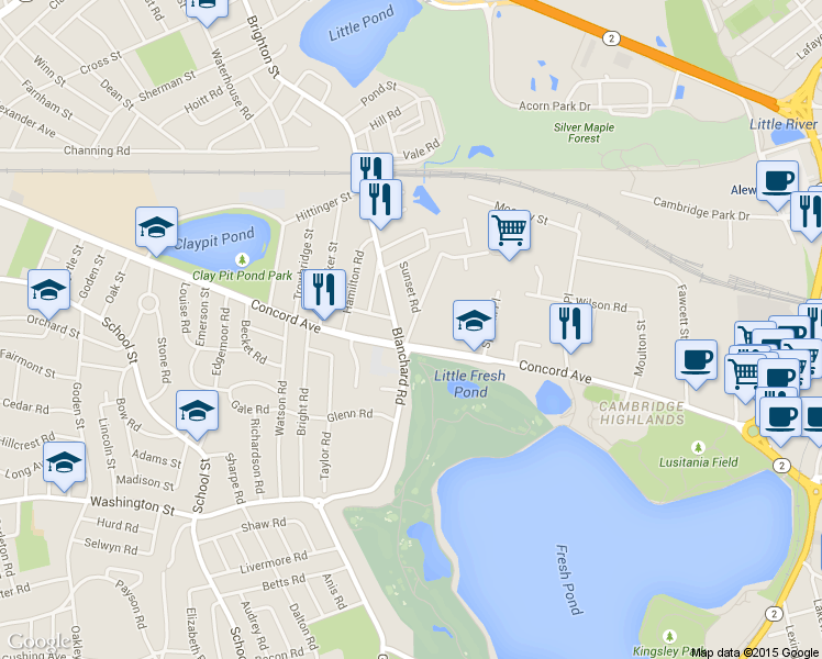 map of restaurants, bars, coffee shops, grocery stores, and more near 17-19 Griswold Street in Cambridge