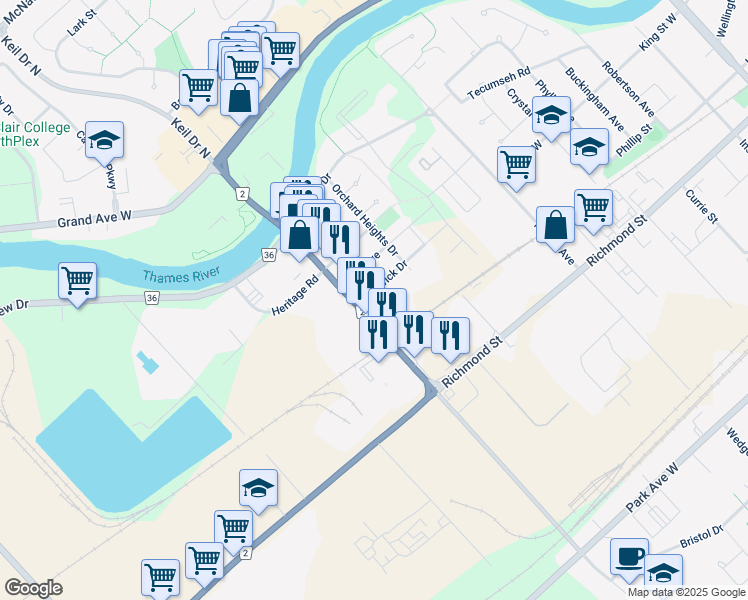 map of restaurants, bars, coffee shops, grocery stores, and more near 5 Warwick Drive in Chatham