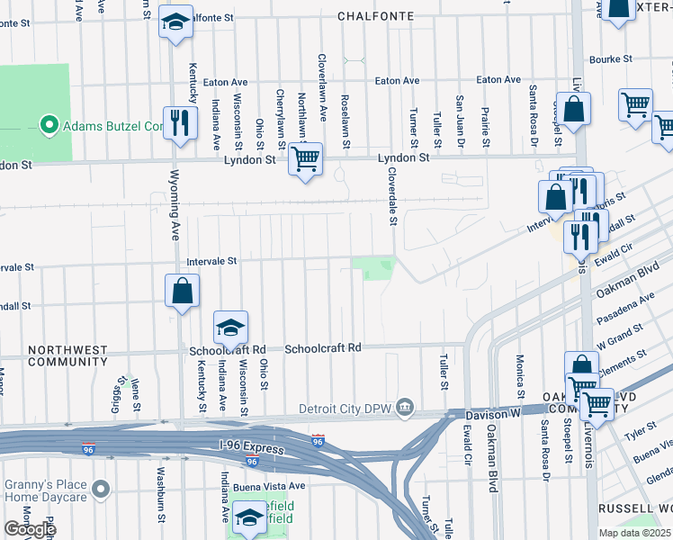 map of restaurants, bars, coffee shops, grocery stores, and more near 8203 Intervale Street in Detroit
