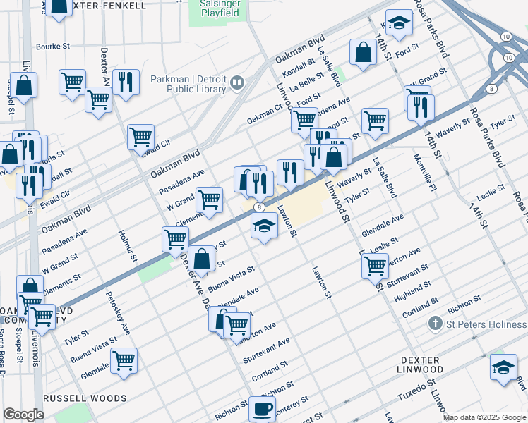 map of restaurants, bars, coffee shops, grocery stores, and more near 2901 West Davison Street in Detroit