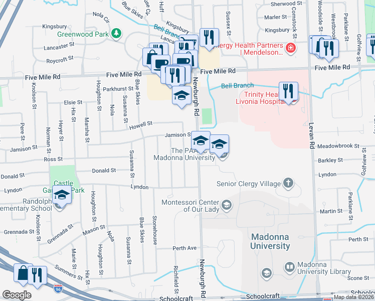 map of restaurants, bars, coffee shops, grocery stores, and more near 14674 Richfield Street in Livonia