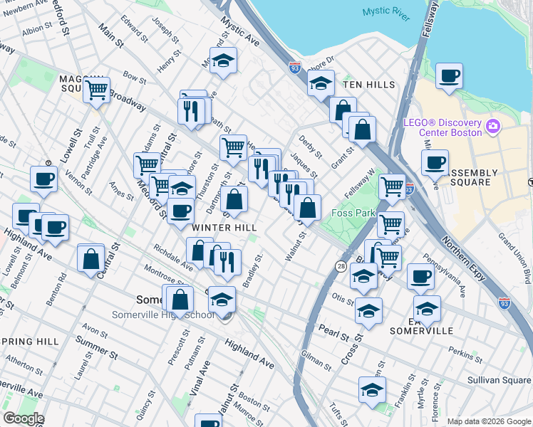 map of restaurants, bars, coffee shops, grocery stores, and more near 4 Oakland Avenue in Somerville