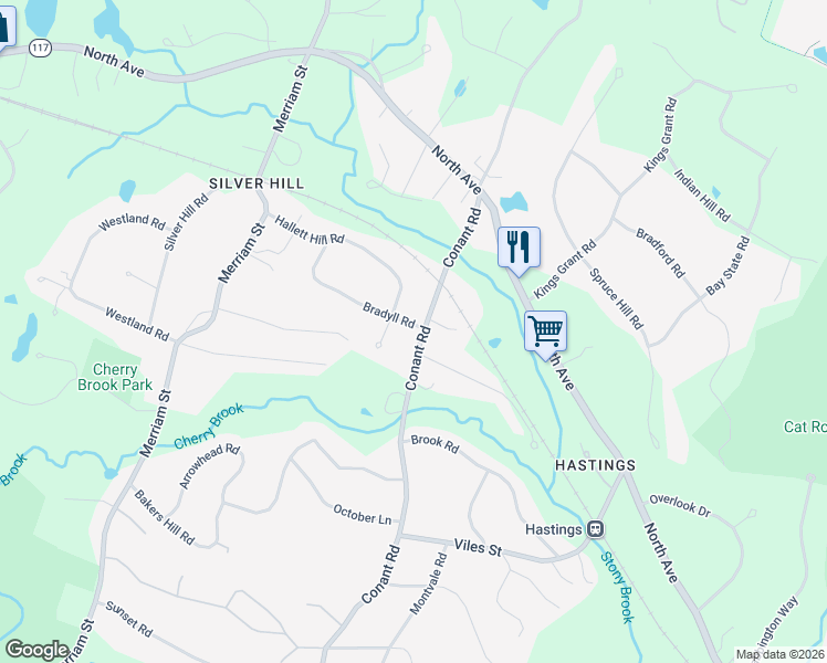 map of restaurants, bars, coffee shops, grocery stores, and more near 332 Conant Road in Weston
