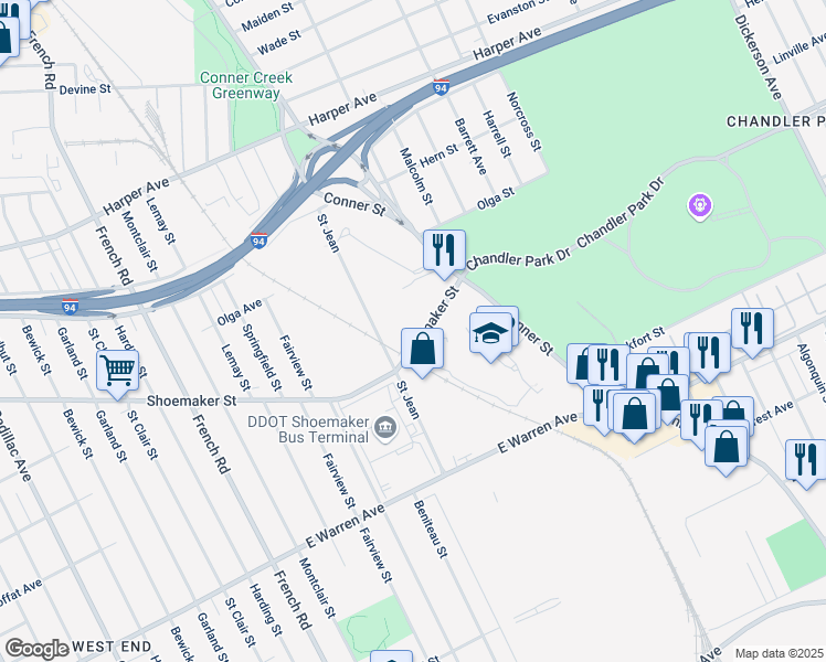 map of restaurants, bars, coffee shops, grocery stores, and more near 11477 Shoemaker Street in Detroit