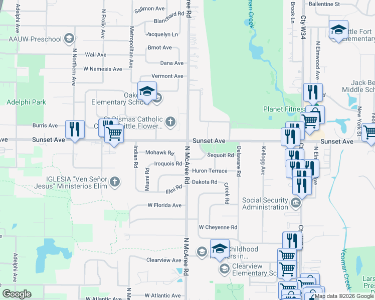 map of restaurants, bars, coffee shops, grocery stores, and more near 2128 North McAree Road in Waukegan