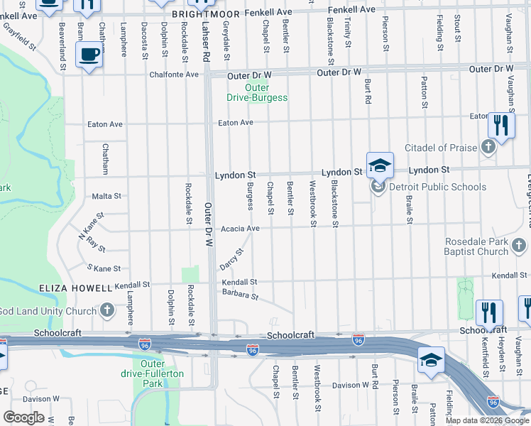 map of restaurants, bars, coffee shops, grocery stores, and more near 14345 Chapel Street in Detroit