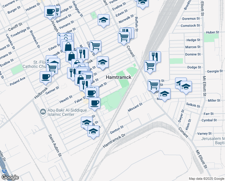 map of restaurants, bars, coffee shops, grocery stores, and more near 3074 Goodson Street in Hamtramck