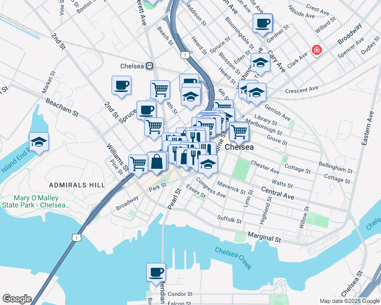 map of restaurants, bars, coffee shops, grocery stores, and more near 302 Broadway in Chelsea