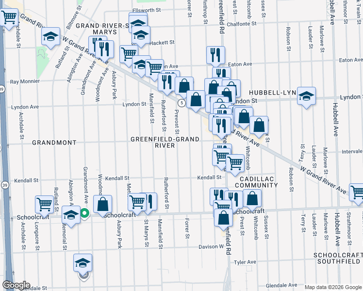 map of restaurants, bars, coffee shops, grocery stores, and more near 14246 Prevost Street in Detroit
