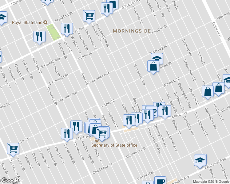 map of restaurants, bars, coffee shops, grocery stores, and more near 4151 Lakepointe Street in Detroit