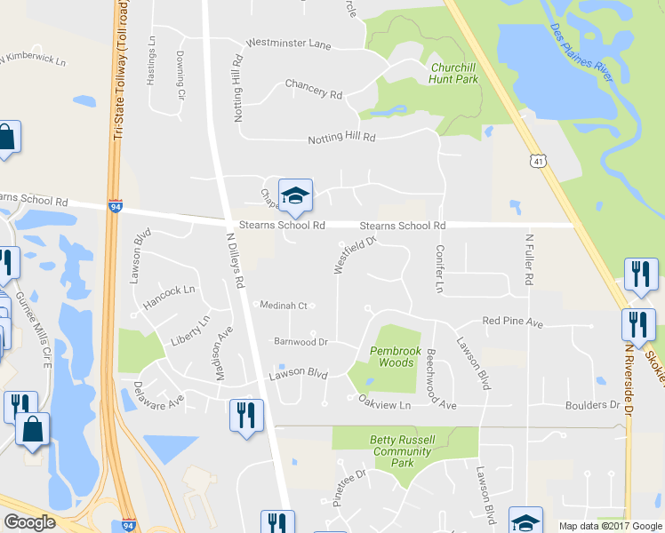 map of restaurants, bars, coffee shops, grocery stores, and more near 2116 Westfield Drive in Gurnee