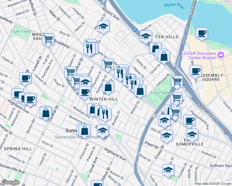 map of restaurants, bars, coffee shops, grocery stores, and more near 4 Oakland Avenue in Somerville